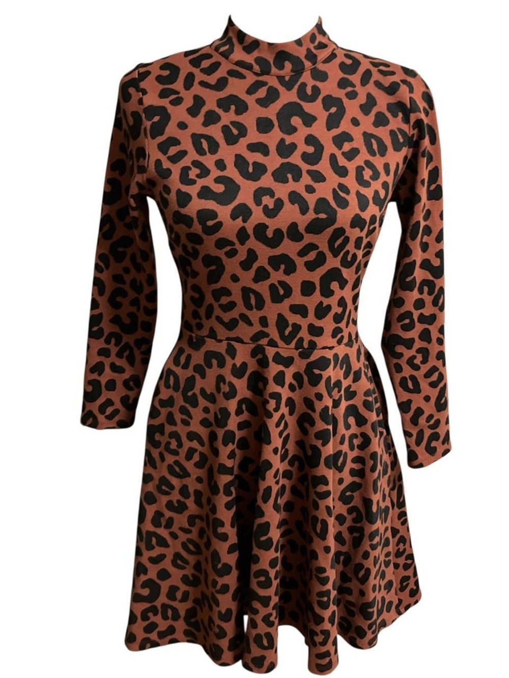Marine Layer Dress Womens Large Leopard Print Brown Black Mock Neck 3/4 Sleeve